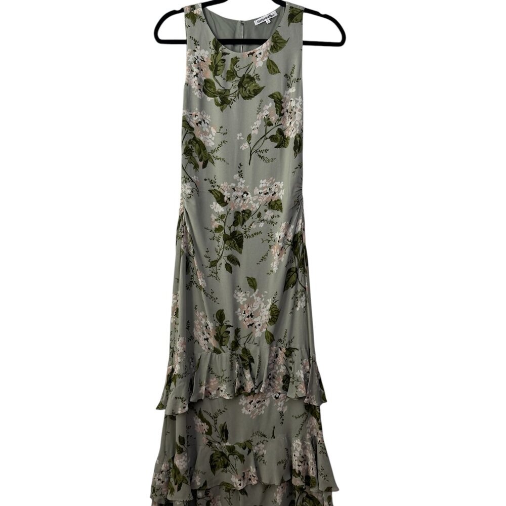 Reformation Magnus tiered ruffle green floral tea garden cottagecore dress